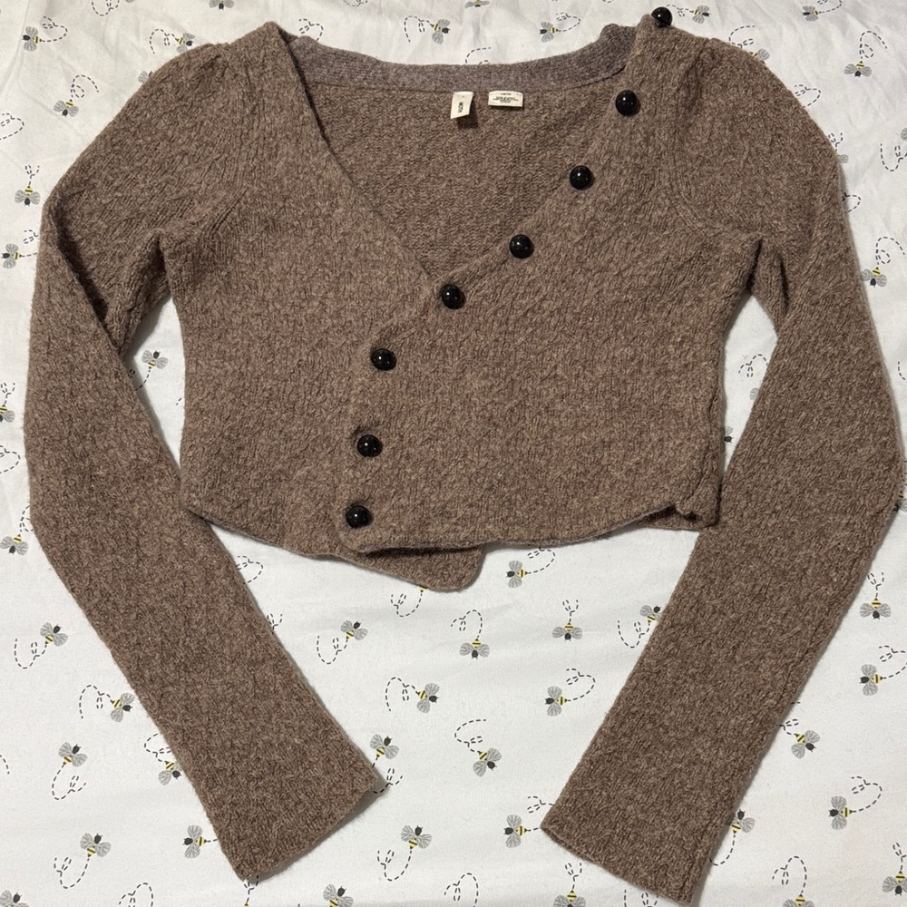 Anthropologie Brown Asymmetrical Button Cropped Cardigan
